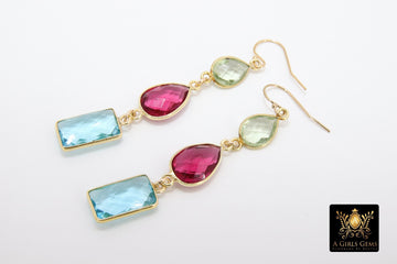 Blue Topaz and Green Amethyst Earrings, 14 K Gold Filled Ear Wire Hooks, Long Pink Tourmaline Gemstone Dangle Earrings